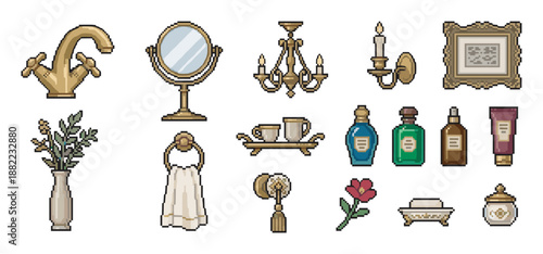 Pixel art collection of vintage bathroom accessories including a brass faucet, vanity mirror, chandelier, and toiletries for a classic, elegant retro game asset or design