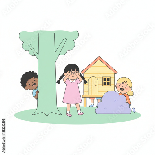 Cheerful kids playing hide and seek in a playful outdoor setting, expressing curiosity, imagination, and social interaction.