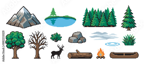 Collection of pixel art nature icons featuring a mountain, trees, a lake, a deer, and camping elements like a canoe and campfire, rendered in a retro 8-bit video game style