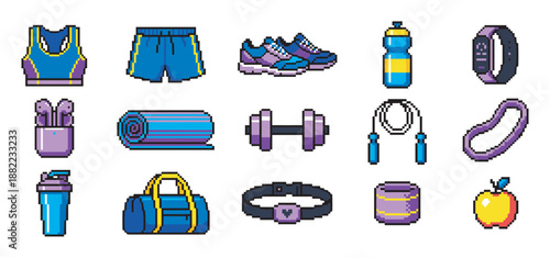 Pixel art fitness and gym equipment icons showing various workout accessories like a dumbbell, sportswear, tracker, and yoga mat in a retro 8-bit video game style illustration set