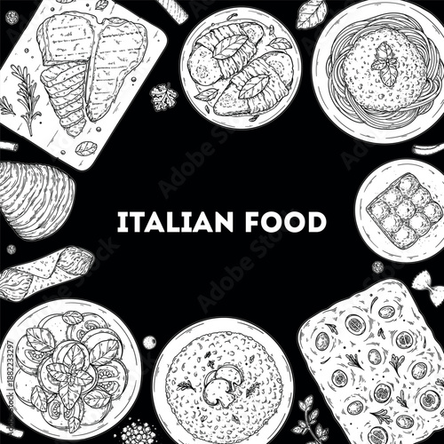Italian cuisine. Italian food top view. Vector drawing illustration. Set of sketches of Italian dishes. Food menu design template. Not AI generated.