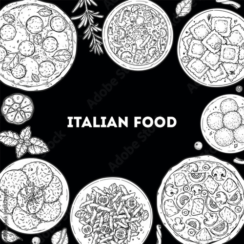 Italian cuisine. Italian food top view. Vector drawing illustration. Set of sketches of Italian dishes. Food menu design template. Not AI generated.
