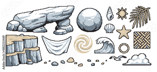 Set of pixelated nature and fantasy icons for a retro video game, showing a stone arch, cliff, sea wave, shells, and other environmental sprites for level creation