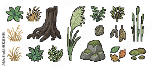 Collection of pixel art nature assets for video game design, featuring a tree stump, mossy rocks, grass, leaves, and various plants in a retro 8-bit style
