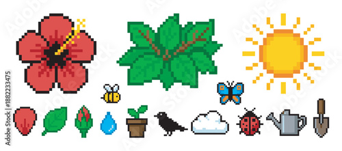 Set of pixel art nature icons featuring a hibiscus flower, sun, leaves, insects, and gardening tools in a retro 8-bit video game style for a creative project