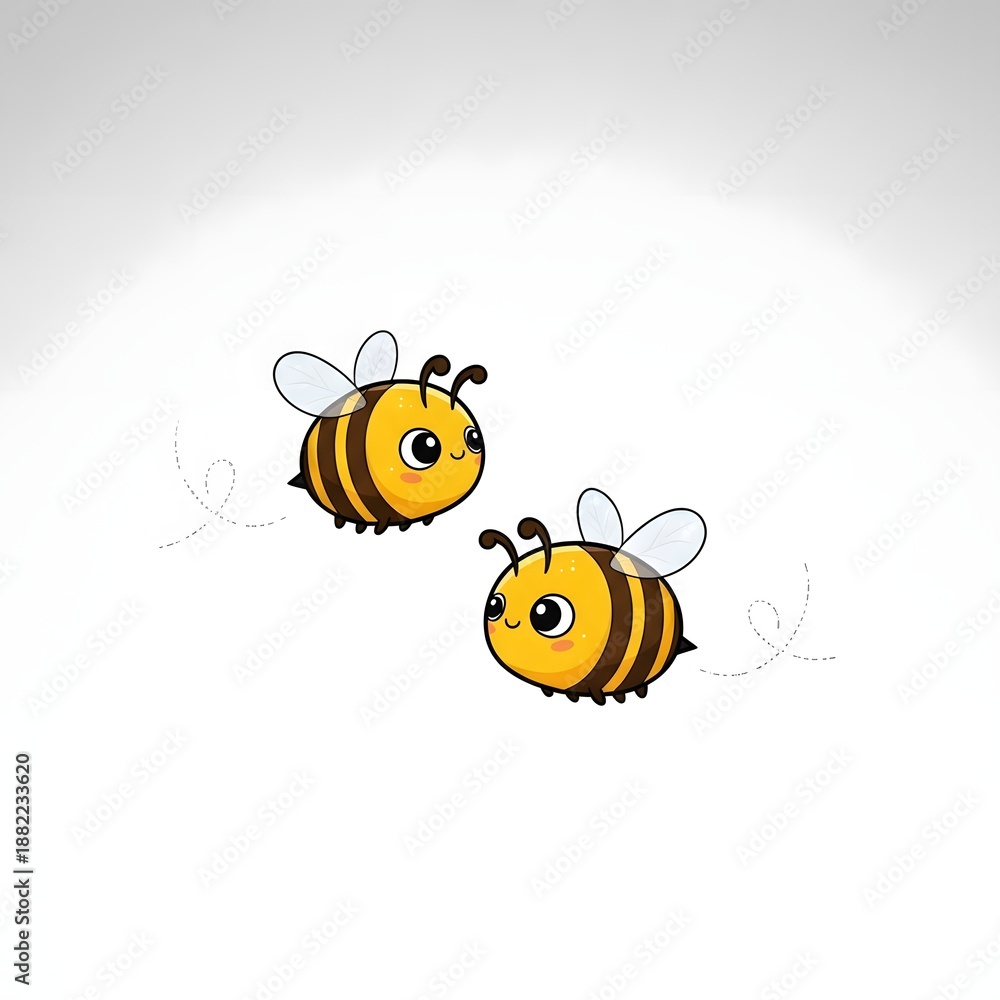 Fototapeta premium Two adorable cartoon bees flying around with cute smiles and dotted flight paths design
