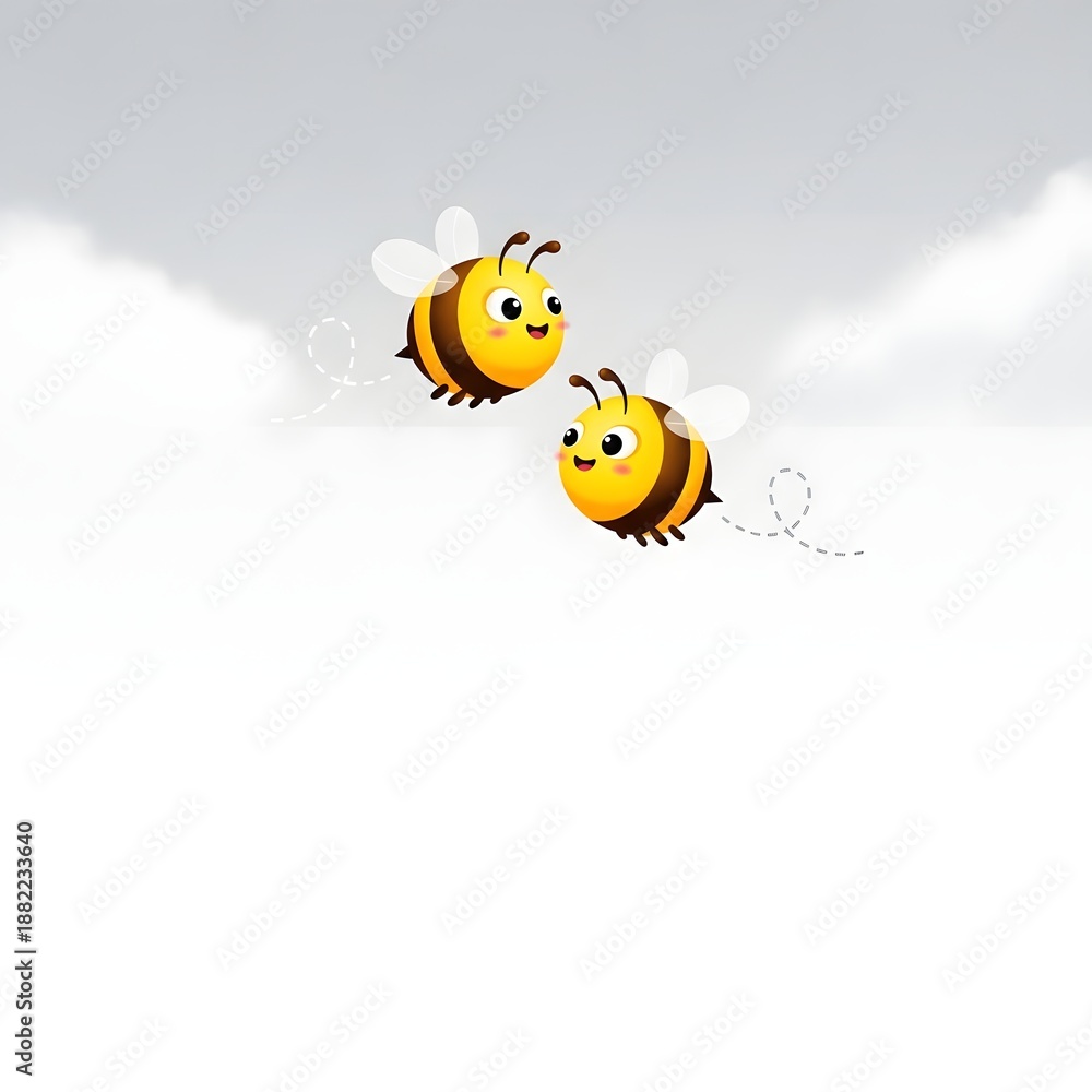 Obraz premium Two cartoon bees flying in the sky with dotted lines representing their flight path
