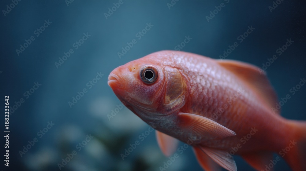 Obraz premium Close-up of a goldfish swimming in an aquarium. the fish is facing towards the right side of the image, with its head slightly tilted upwards. its body is a bright orange color, with a shiny texture.