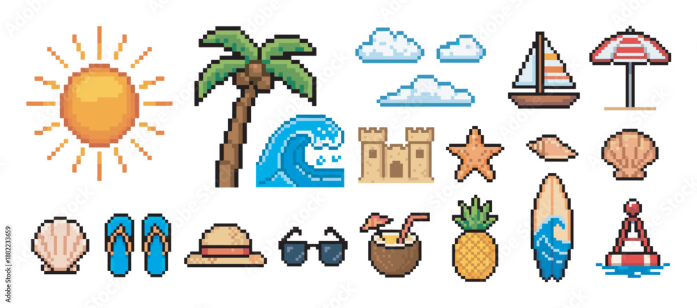 Obraz premium Set of summer beach pixel art icons including a sun, palm tree, wave, and sandcastle in a colorful and nostalgic 8-bit video game style illustration