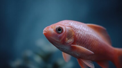 Close-up of a goldfish swimming in an aquarium. the fish is facing towards the right side of the image, with its head slightly tilted upwards. its body is a bright orange color, with a shiny texture.