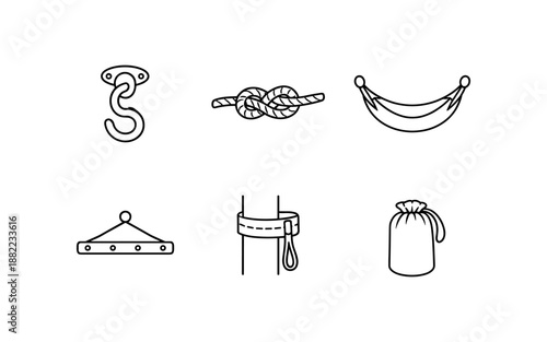 Collection of line art icons representing camping and outdoor gear and accessories