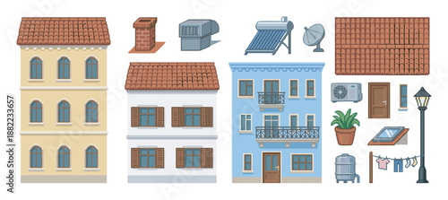 Collection of cartoon building constructor elements featuring residential houses, roofs, a chimney, solar panel, and various architectural details for creating a custom city scene