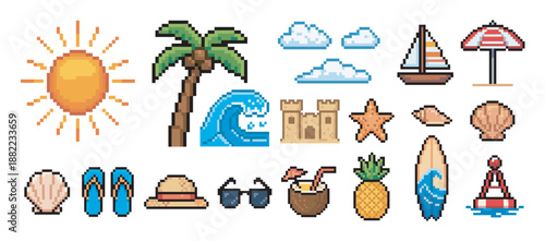 Set of summer beach pixel art icons including a sun, palm tree, wave, and sandcastle in a colorful and nostalgic 8-bit video game style illustration