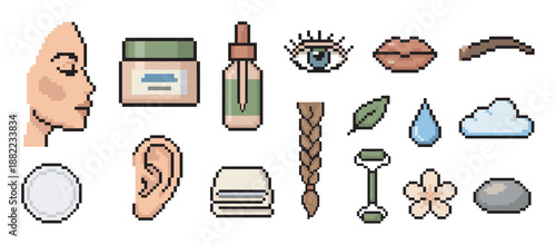 Set of pixel art beauty icons for skincare and self-care routines, featuring a face, cream, serum, and natural elements in a retro 8-bit video game style illustration
