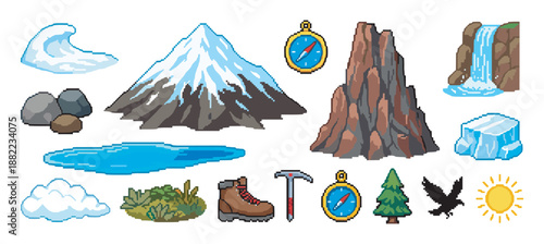 Pixel art set of mountain adventure icons featuring a snowy peak, rocky cliff, compass, ice axe, hiking boot, waterfall, and lake in a classic 8-bit video game style