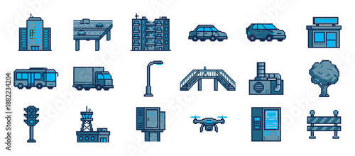 Pixel art city and transport icon set featuring buildings, cars, a bus, a drone, and street elements in a classic 8-bit video game graphic style