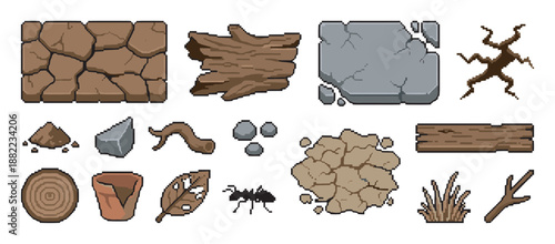 Set of pixel art game assets featuring natural ground elements like cracked soil, rock, wood, a broken pot, a dry leaf, and an ant for creating outdoor scenes