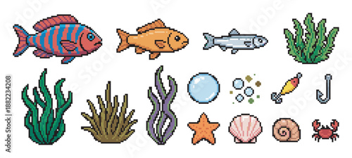 Collection of pixel art sea life icons featuring fish, a crab, seaweed, shells, and fishing tackle in a retro 8-bit video game style