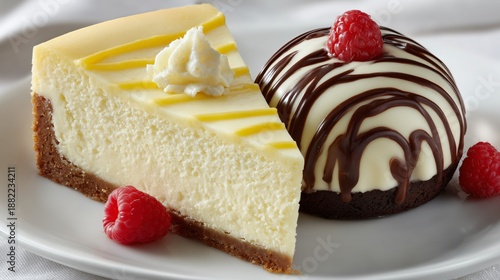 Wallpaper Mural Dessert platter with cheesecake and chocolate mousse served with fresh raspberries in a restaurant setting Torontodigital.ca