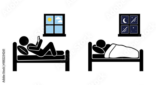 Stickman Using Smartphone in Bed Until Falling Asleep – Day to Night Concept.