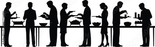 People silhouettes serving food buffet together, teamwork, catering service, social event, hospitality, community gathering concept illustration