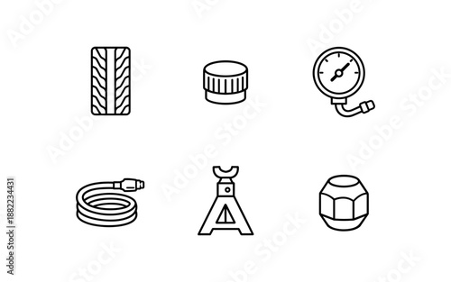 Set of car tire maintenance and repair tools icons for automotive service