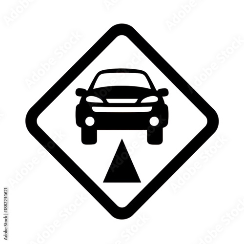 Road sign with car ahead warning.