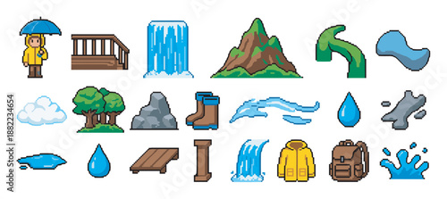Pixel art nature and weather icon collection with a waterfall, mountain, trees, rain gear, and water elements in a classic 8-bit retro video game aesthetic