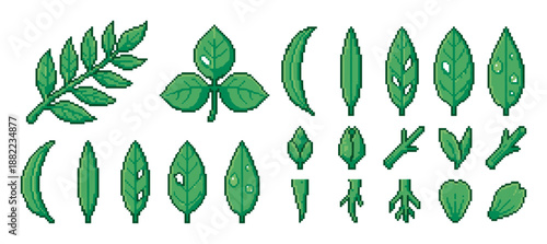 Collection of green pixel art leaves and plant parts in a retro 8-bit video game style, featuring various shapes, branches, buds, and details like holes and water droplets
