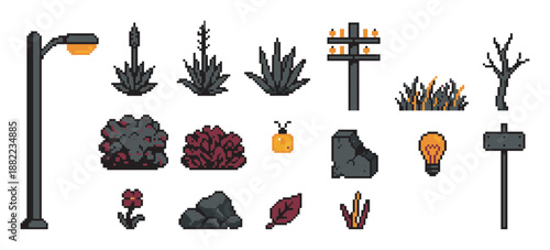 Pixel art game asset collection featuring a lamppost, plants, rocks, a tree, and other outdoor elements for creating a 2D video game environment in a retro 8-bit style