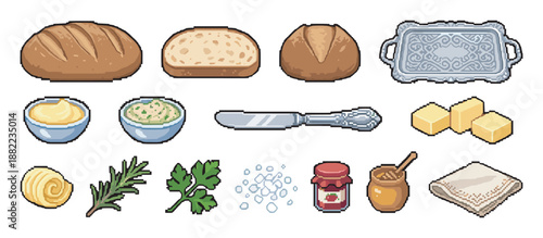 Pixel art collection of bread and breakfast items including butter, jam, honey, herbs, a knife, and a silver tray in a retro 8-bit video game style illustration