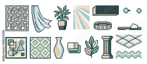 Set of pixel art icons featuring classical ancient Greek and Roman elements like columns, vases, patterns, and sandals in a muted color palette for a retro video game aesthetic