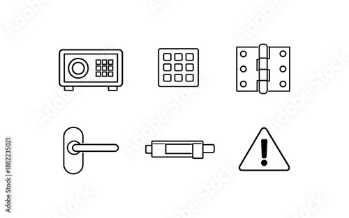 Collection of security and hardware icons including a safe, keypad, hinge, door handle, lock, and warning sign