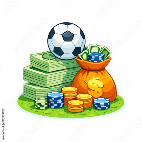 Football betting money and odds concept for sportsbook. Flat vector illustration with soccer ball, money and betting chips. Concept of sportsbook bankroll, wager, odds, payout and sports finance 