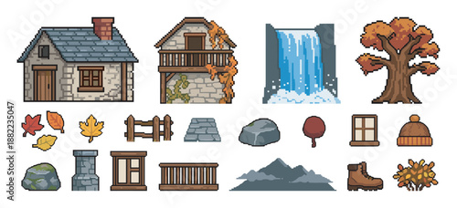 Pixel art game asset collection featuring rustic stone houses, an autumn tree, a waterfall, and nature elements for building a cozy, retro-style fantasy village or world