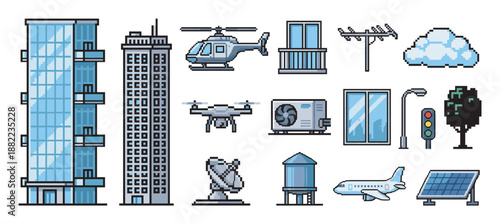 Collection of pixel art urban elements including buildings, transportation, and infrastructure, rendered in a classic 8-bit video game sprite style with a cool blue color palette