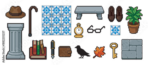Set of retro 8-bit pixel art objects including a column, pocket watch, wallet, fountain pen, and decorative tiles, creating a classic and mysterious aesthetic for game design