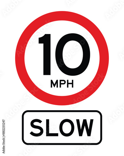 10 MPH Slow Traffic Sign - Red Circular Speed Limit Symbol with Warning Plaque for Safety Control