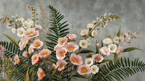 Lush floral arrangement on textured wall background