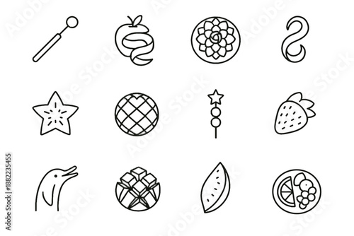 Cut vector fruit minimalist dolphin icon dragon layout watermelon apple skewer carving