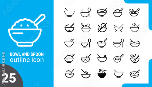 Bowl and Spoon Vector Line Art Icons Set in Flat Design vector illustration