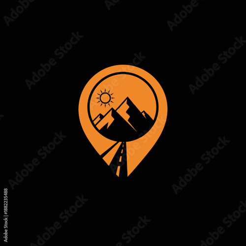 Orange map marker with sun, mountains, and road inside