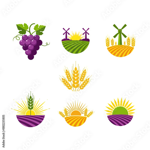 Collection of six agricultural icons featuring grapes, wheat, windmills, and sunrises