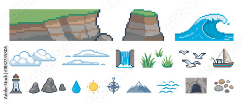 Set of pixel art nature icons for video games includes a cliff, wave, boat, lighthouse, mountain, and other landscape elements in a retro 8-bit graphic style for game design