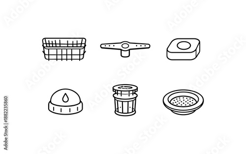 Collection of dishwasher parts and accessories in a simple line art style