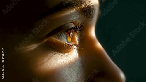 Intense golden hazel eye in profile view with detailed iris patterns sharp pupil warm skin tones dramatic side lighting on dark background