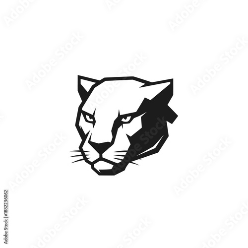 Stylized black and white drawing of a fierce feline's head