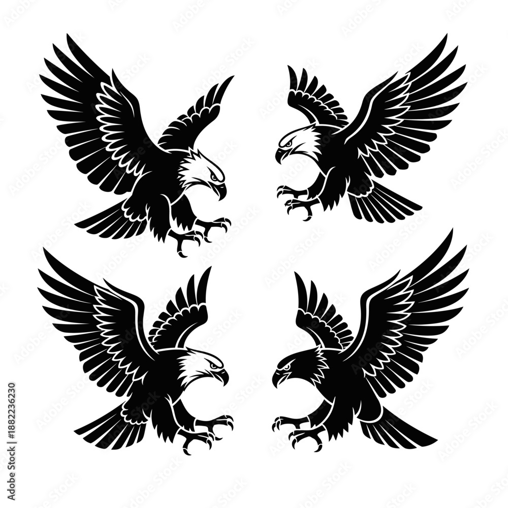 Naklejka premium Four black silhouette eagles in flying or diving poses against white