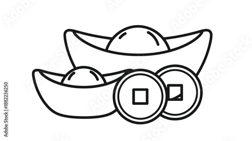 Line art depiction of traditional chinese gold ingots and coins a symbol of wealth