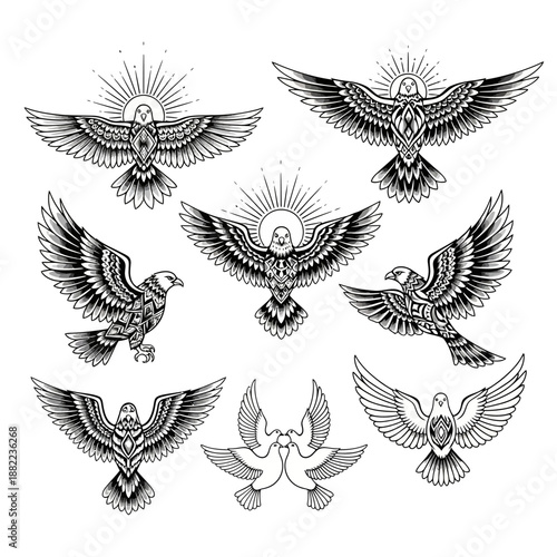 A collection of black and white illustrations featuring birds of prey and doves